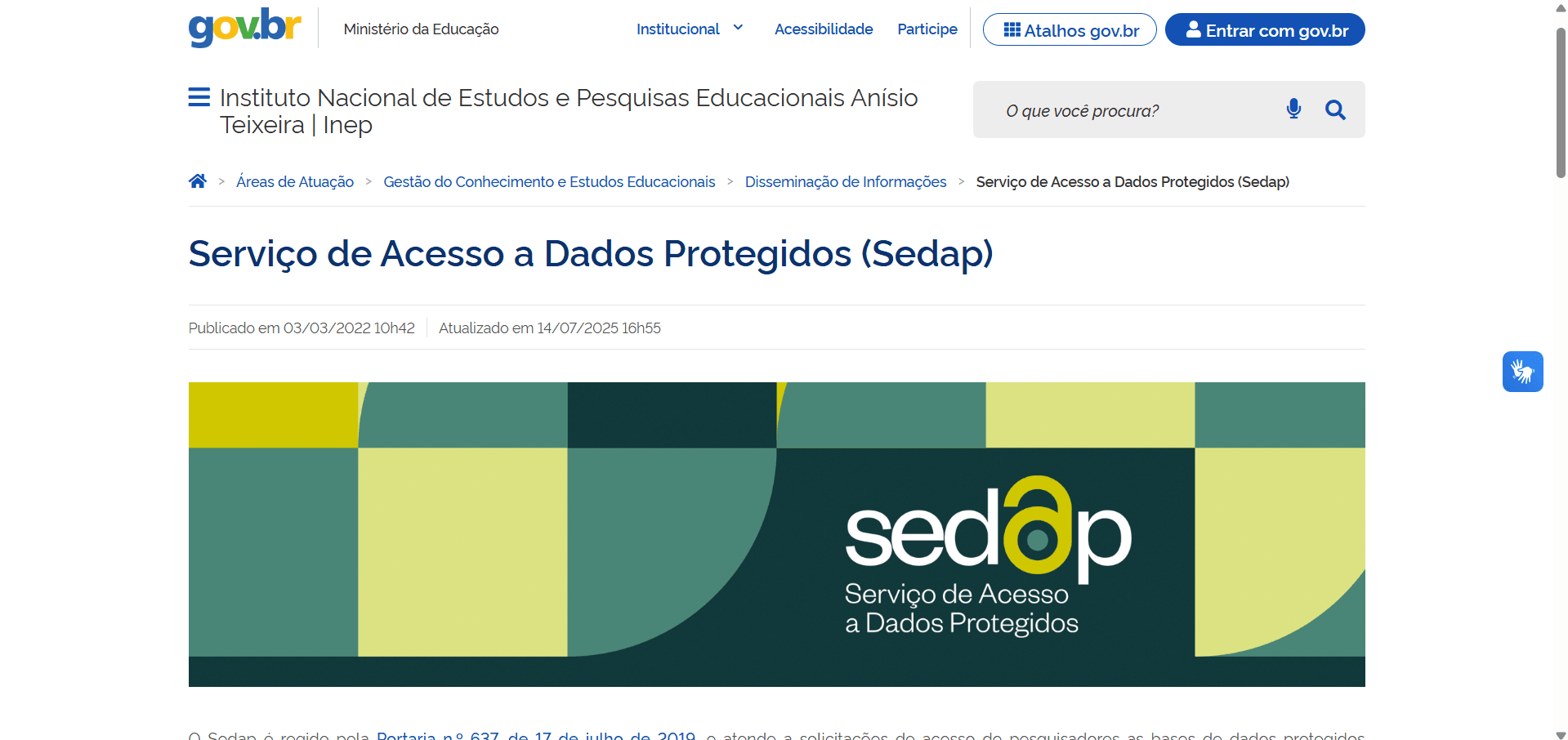Página do Sedap no site do Inep
